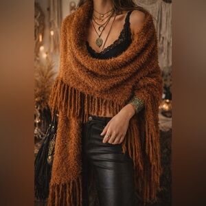 Vintage 1999 Fuzzy Fringe Wrap Shrug Boho Festival Layer One Size